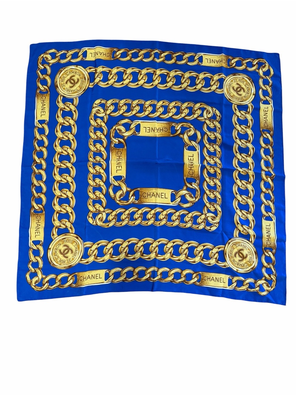 CHANEL Royal Blue Silk Scarf with Gold Chain Print - Picture 2 of 7